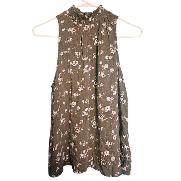 A New Day Womens Medium Olive Green Floral Sleeveless Blouse High Neck‎ - Picture 1 of 6